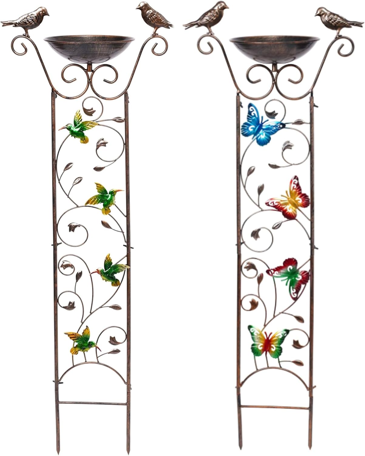 Bird Feeder Stand Bird Bath with Garden Trellis 2-in-1 Metal Bird Water Feeder with Decorative Butterfly Detachable Free Standing Bird Water Dispenser Standing Bird Feeder