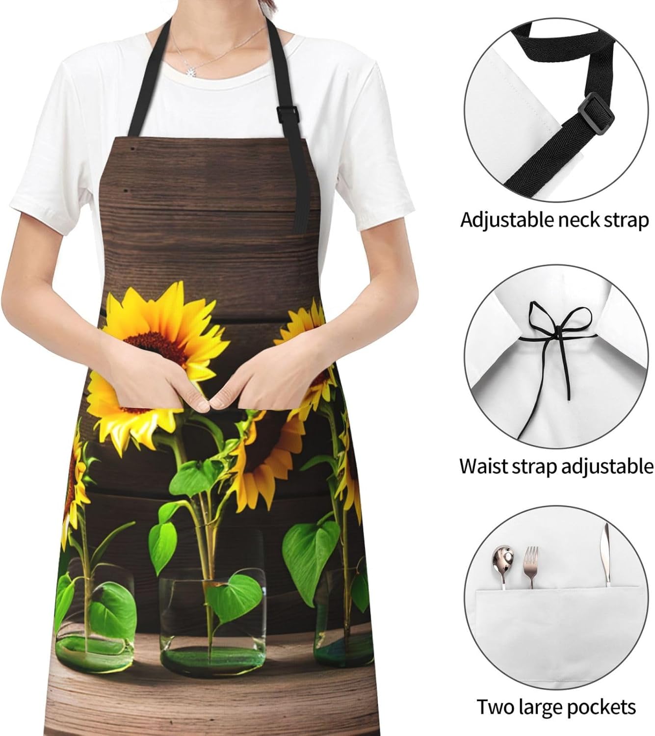 Three Sunflowers on Wooden print Waterproof chef's apron with pocket a
