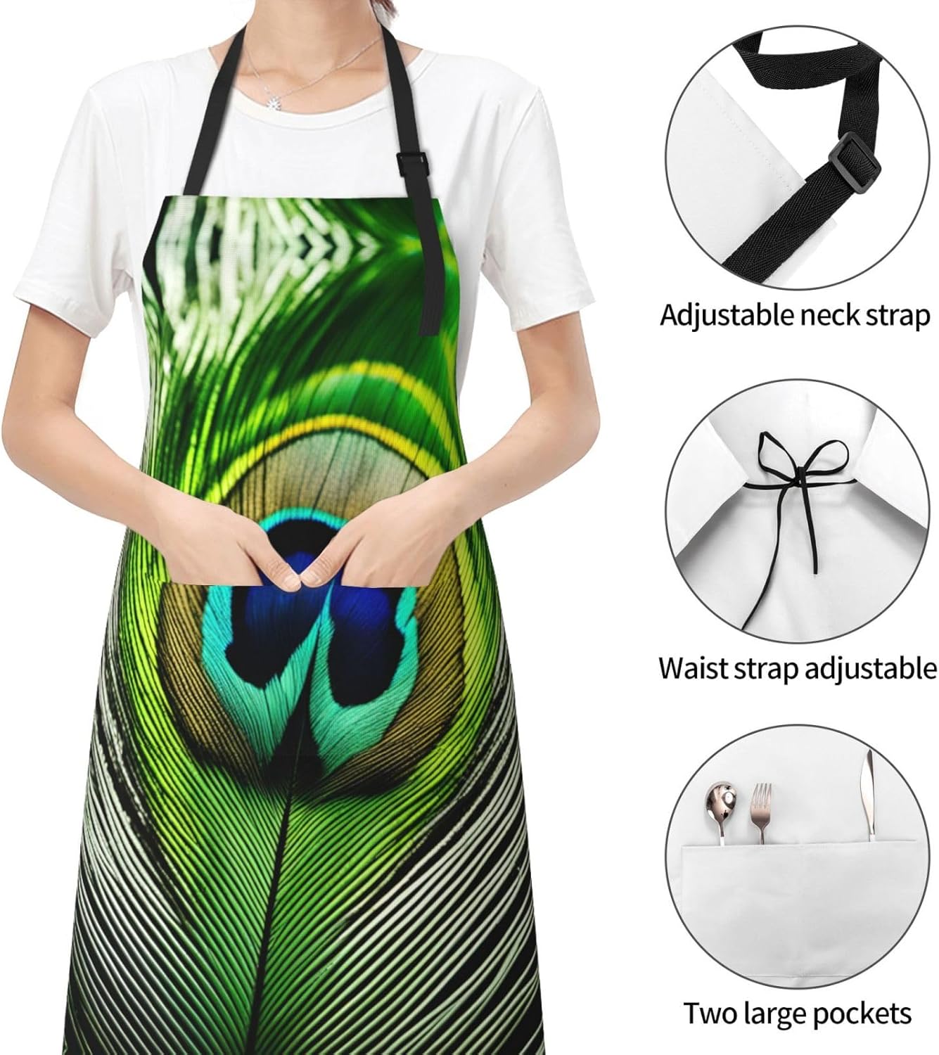Green Peacock Feather print Waterproof chef's apron with pocket apron for kitchen cooking baking barbecue and gardening
