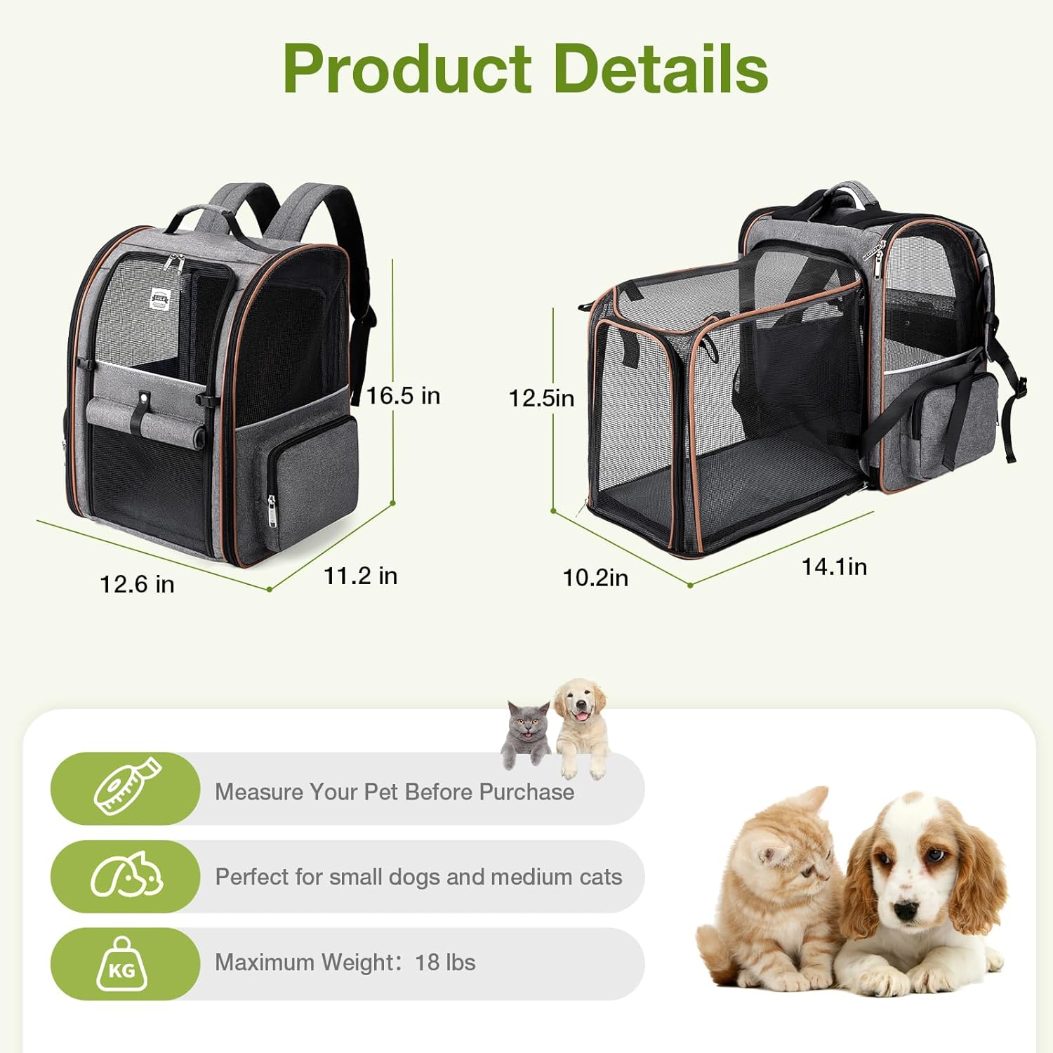 Lekebobor Cat Carrier Backpack, Expandable Pet Carrier with Sun Shade 