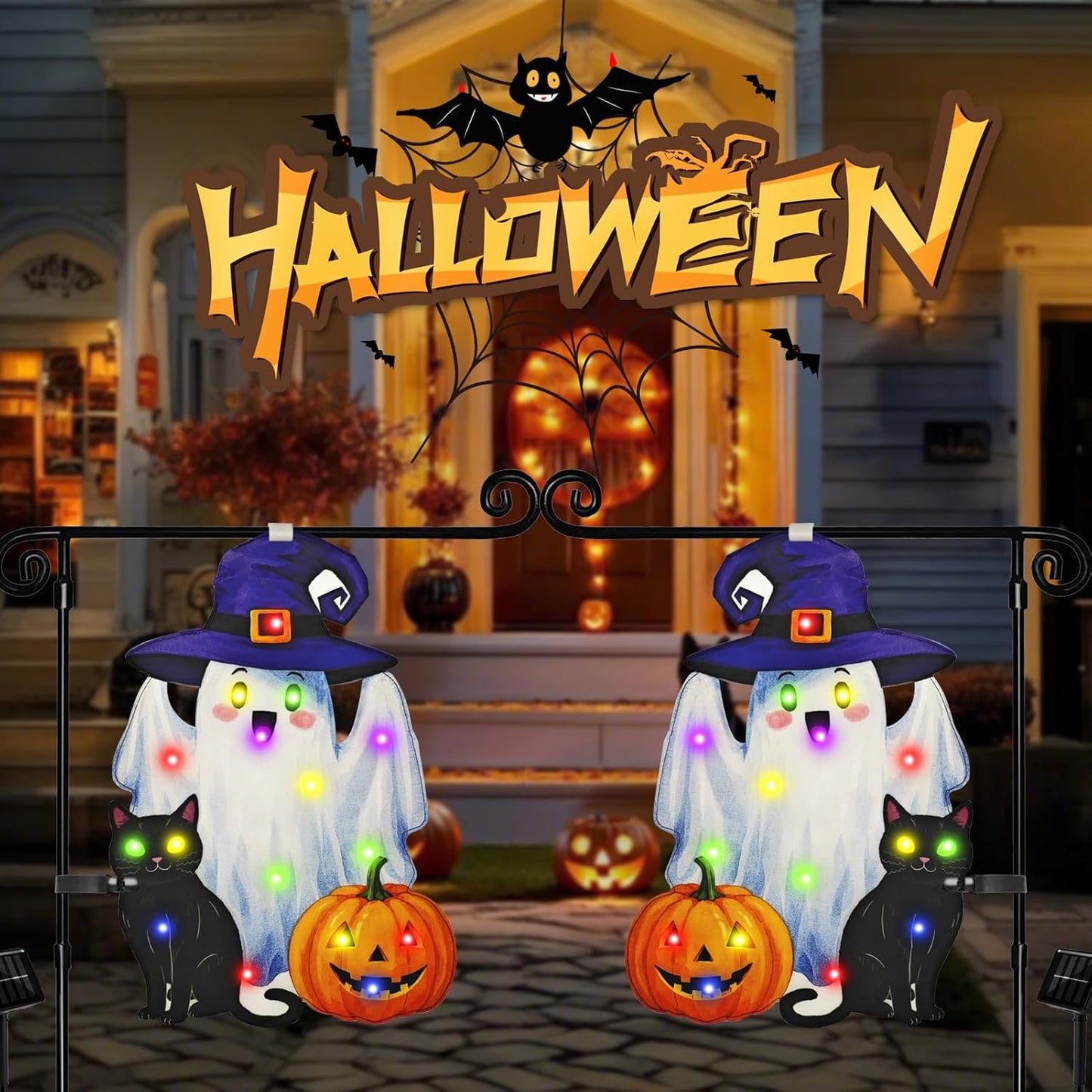 Lighted Shaped Halloween Garden Flags, 8 Modes Double-Sided Cute Solar Halloween Decorations Outdoor LED Flag, Yard Decorations for Patio Lawn Home Door Porch (Ghost Multicolor, 12x18)