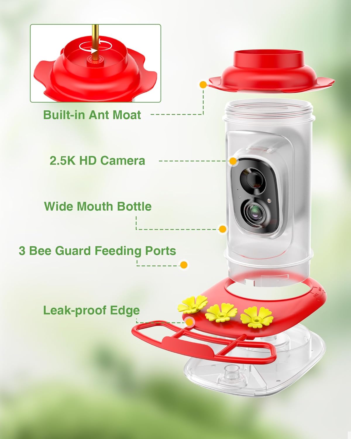 isYoung Hummingbird Feeder with Camera, 2.5K QHD, AI Identify 11000+ Bird, Featuring AI Auto-Capture and Motion Detection, IP65 Waterproof, Birds Watching Gift