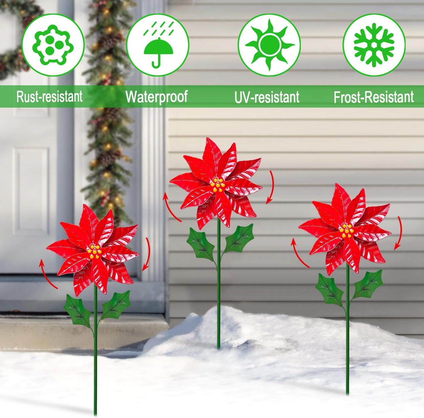 WAIU 3 Pack Outdoor Metal Poinsettia Wind Spinners Yard & Patio Christ