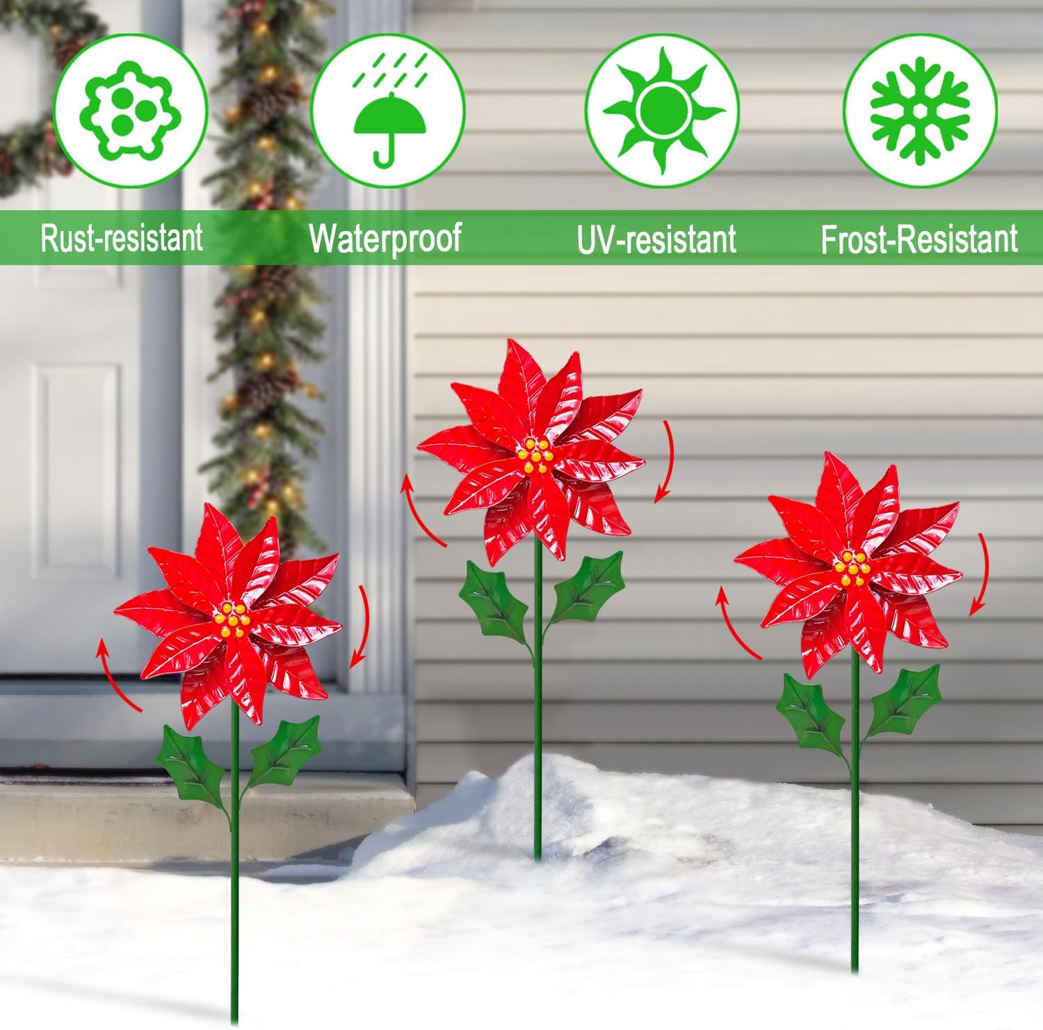 WAIU 3 Pack Outdoor Metal Poinsettia Wind Spinners Yard & Patio Christ