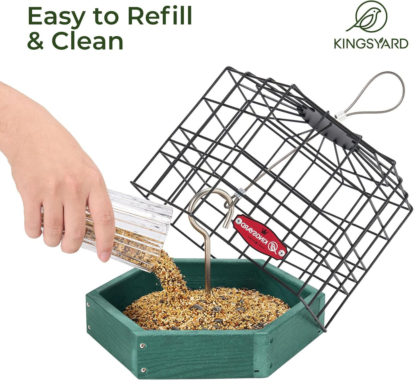 Kingsyard Squirrel Proof Platform Bird Feeders for Outdoor Hanging, 10" Wide Metal Caged Bird Feeder for Small Wildbirds Finches, Recycled Plastic Feeding Platform with Metal Seed Tray, Green