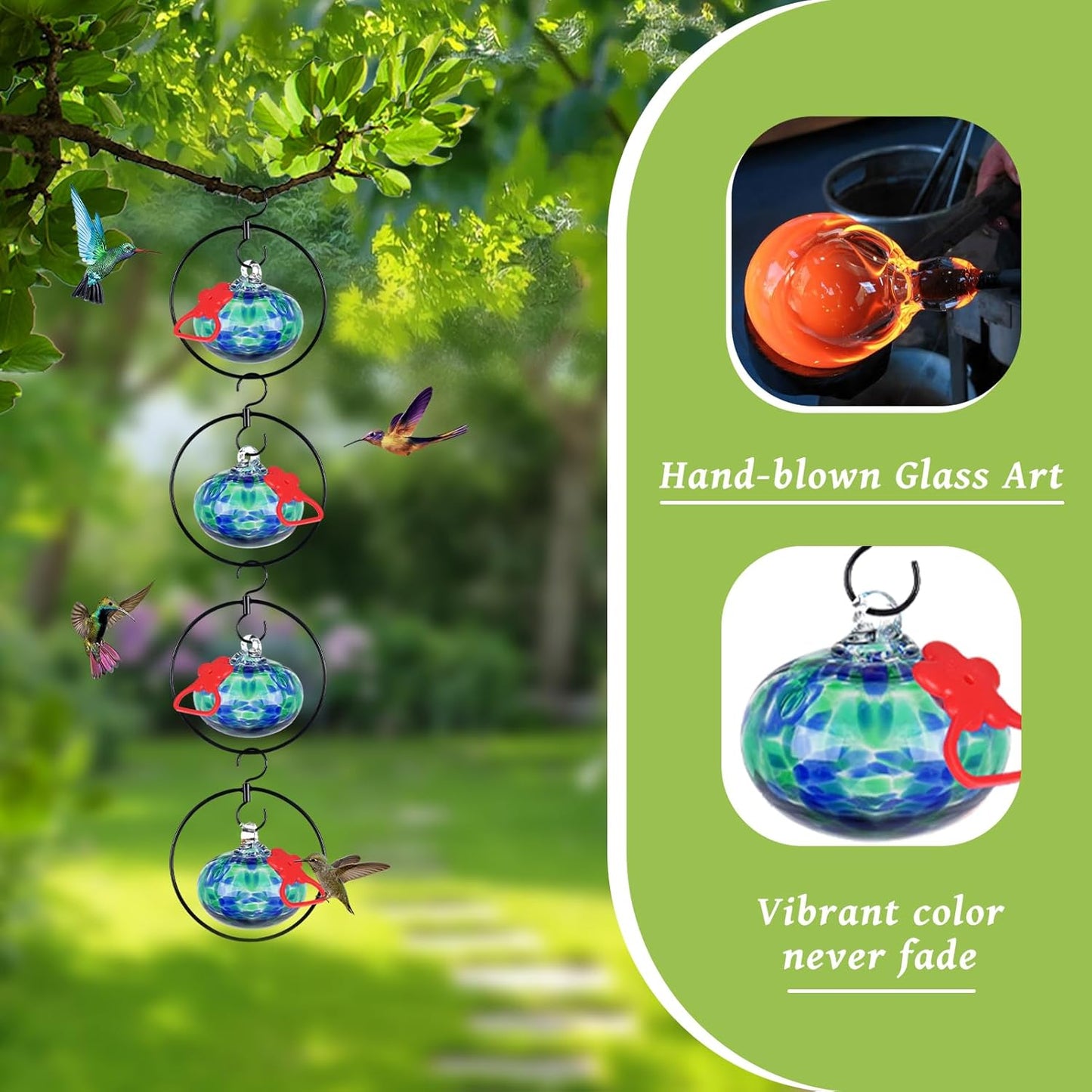 4 Pack Circular Hummingbird feeders for Outdoors Hanging,Hand Blown Glass Hummingbird Feeder with 4 Adjustable Silicone Perch,Never Leak,Gardening Gifts for Woman Man(Dotted Blue)