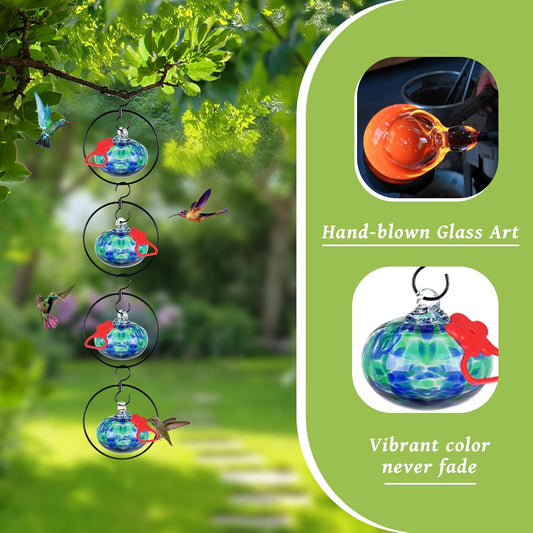 4 Pack Circular Hummingbird feeders for Outdoors Hanging,Hand Blown Glass Hummingbird Feeder with 4 Adjustable Silicone Perch,Never Leak,Gardening Gifts for Woman Man(Dotted Blue)