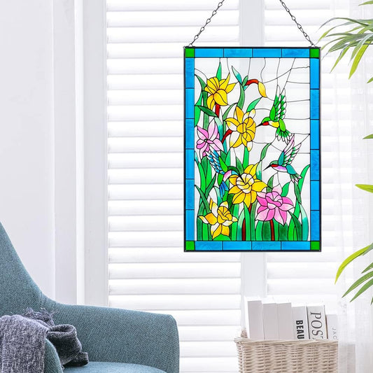 Viveta Hummingbird Stained Glass Window Hanging, Birds and Flowers Suncatcher for Window, Hummingbird Stained Glass Panel Hanging Ornament(Rectangular 10 * 15")