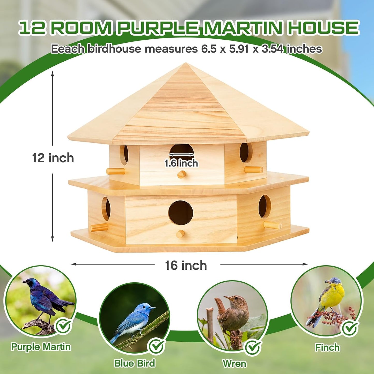 Purple Martin House, 12 Room Bird Houses for Outside, Sycamore Wood Construction & Waterproof