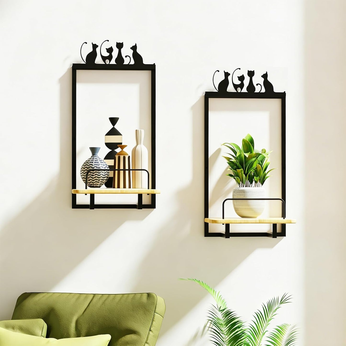 Shineled Wall Planter for Indoor Plants 2PK, Floating Wall Shelf with Oak Wood, Magnetic Animal Wall Plant Holder, Decorative Plant Wall Shelf Home Decor (CAT)