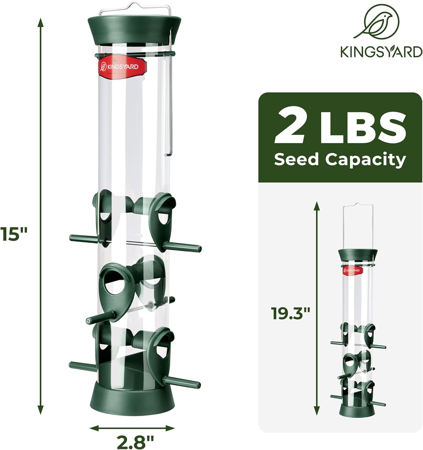 Kingsyard 2 Pack Tube Bird Feeders for Outdoors Hanging, Wild Bird Feeder with 6 Feeding Ports, Easy to Clean & Refill, 2 lbs Seed Capacity, Great for Attracting Finches, Cardinals (Green)