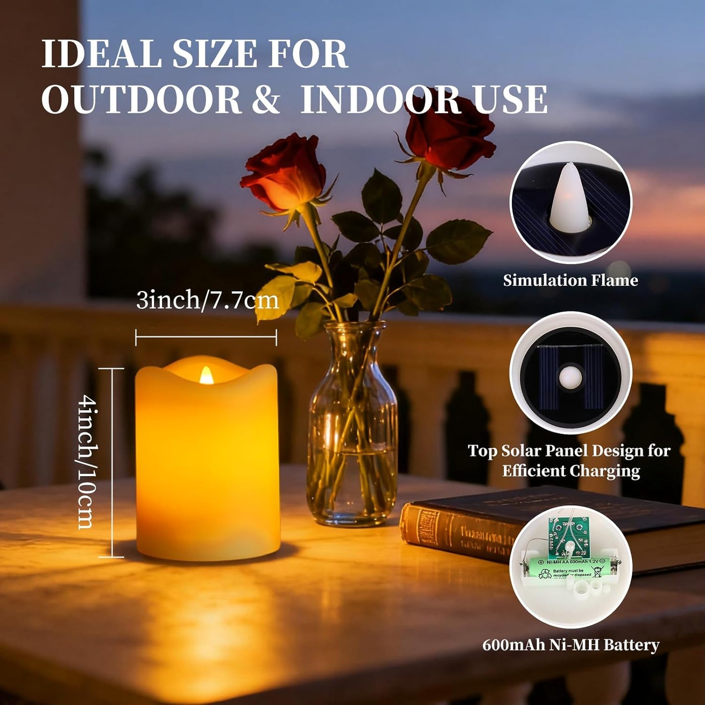 Solar Flameless Pillar Candles Outdoor 4 Pack, 3"x4" Rechargeable Solar Powered Lights, IP65 Waterproof Dusk to Dawn Sensor Solar Candles for Backyard, Garden, Patio, Porch, Pathway, Table Centerpiece