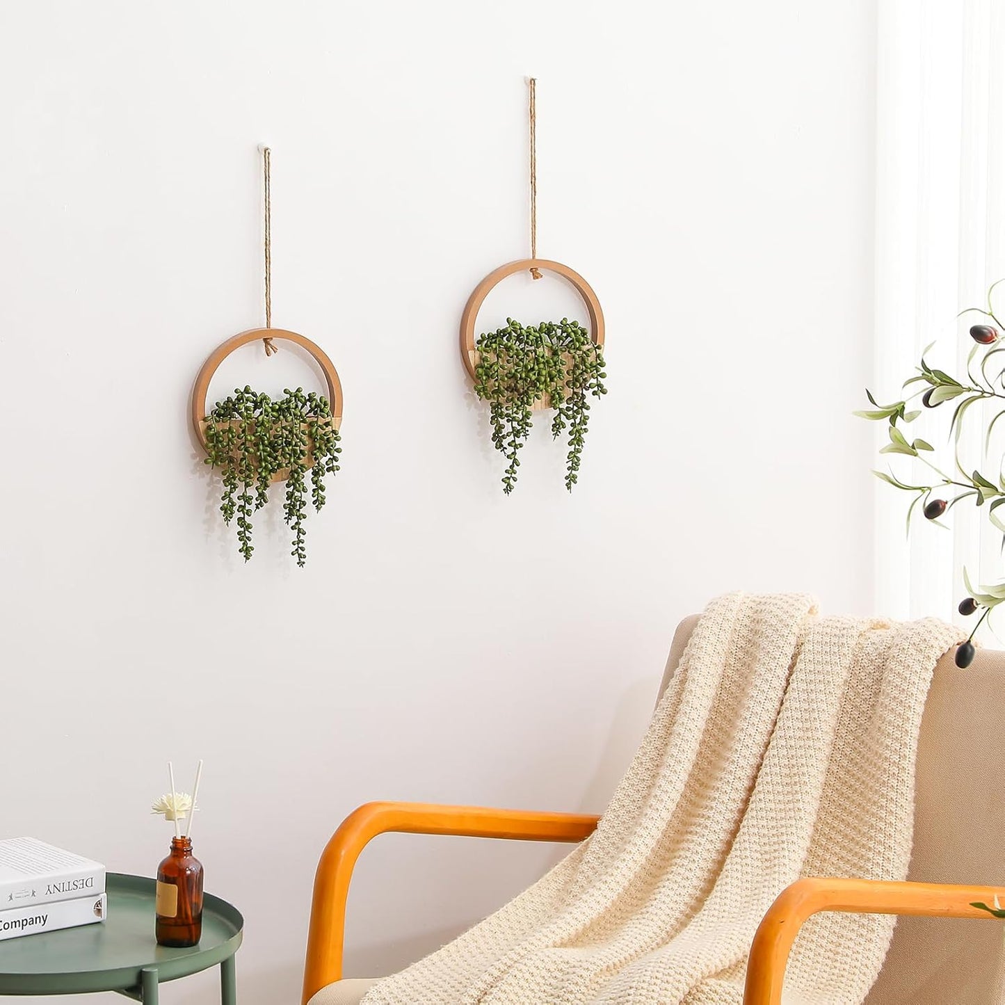 JUSTOYOU 2pcs Fake Hanging Plants Artificial Succulents Wooden Hanging Planter Artificial String of Pearls with Pot and Lanyard for Living Room Bathroom Indoor Outdoor Boho Wall Decor