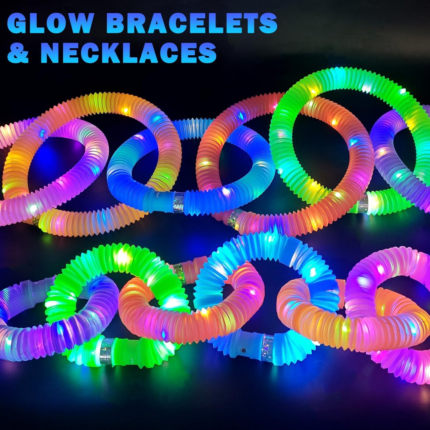 Easter Basket Stuffers for Toddlers-6 PCS Light Up Pop Tube Toys Gifts for Kids,LED Glow Stick Bracelet Necklace Party Accessories,Fun Outdoor Camping Essentials Games Activities for Boys Girls