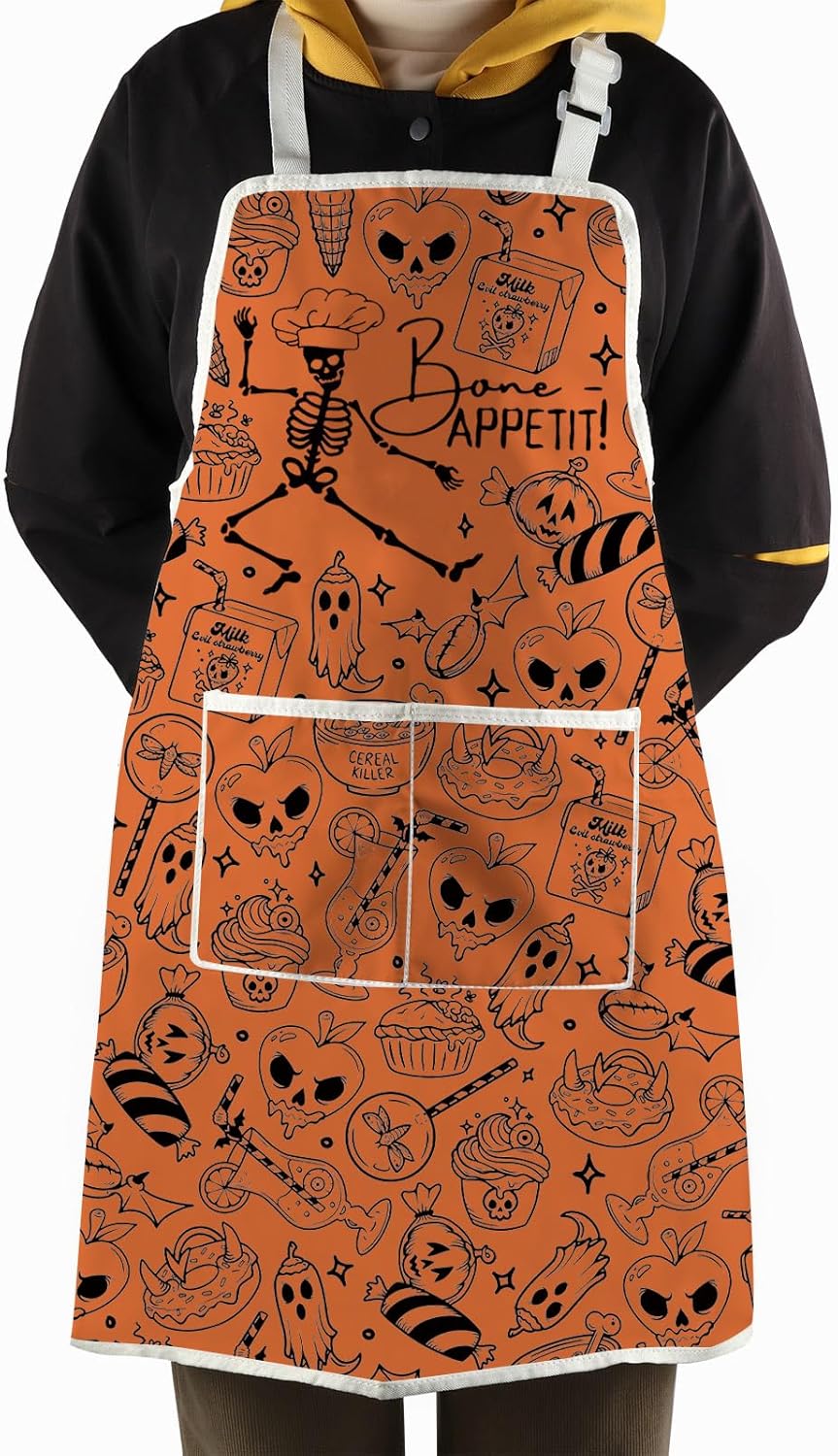 WCGXKO Bone Appetit Skeleton Halloween Kitchen Apron Halloween Cooking Gift Spooky Chef Gift for Chef