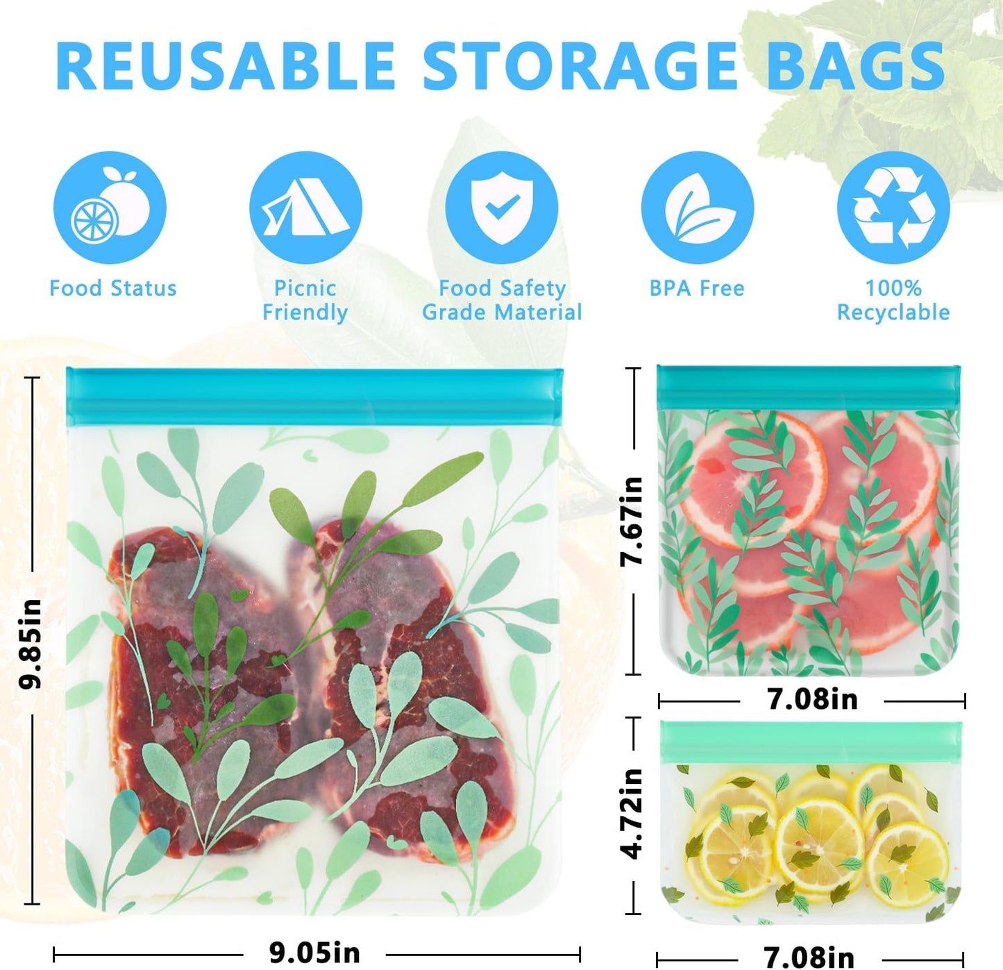 10 Pack Dishwasher Safe Reusable PEVA Food Storage Bags, Leak proof Re