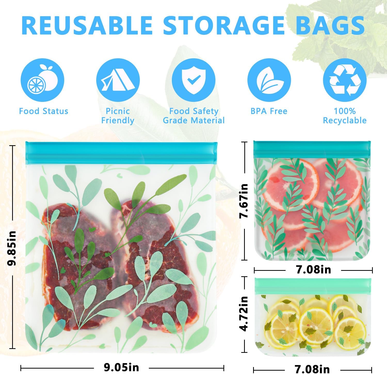 10 Pack Dishwasher Safe Reusable PEVA Food Storage Bags, Leak proof Re