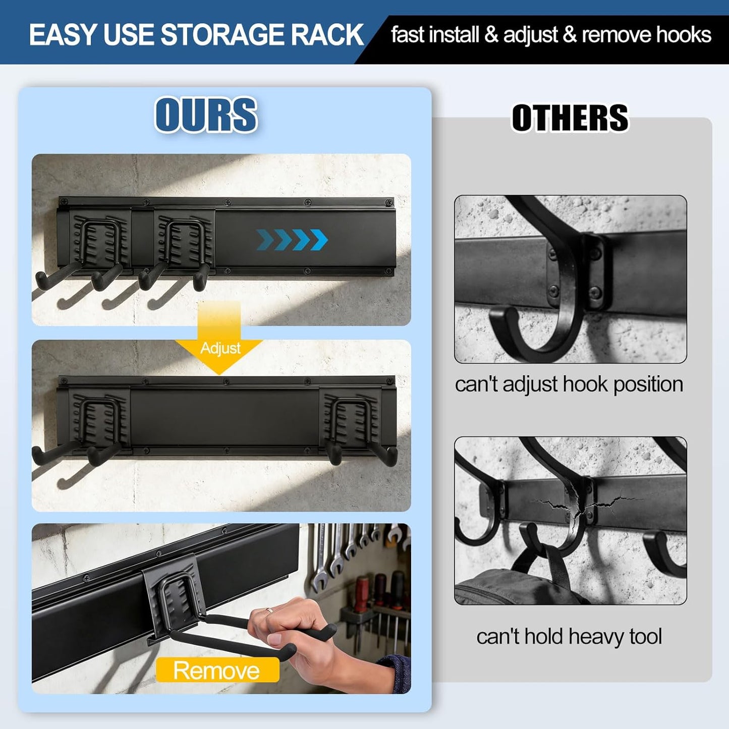 14Pack Garage Storage & Organization Kit, 49.5'' Rails with 11 Adjustable Hooks, Heavy Duty Garage Tool Organizer Wall Mount, Space-Saving Garage Wall Hook Rack for Garden Yard Tool Shed, Up to 520lbs