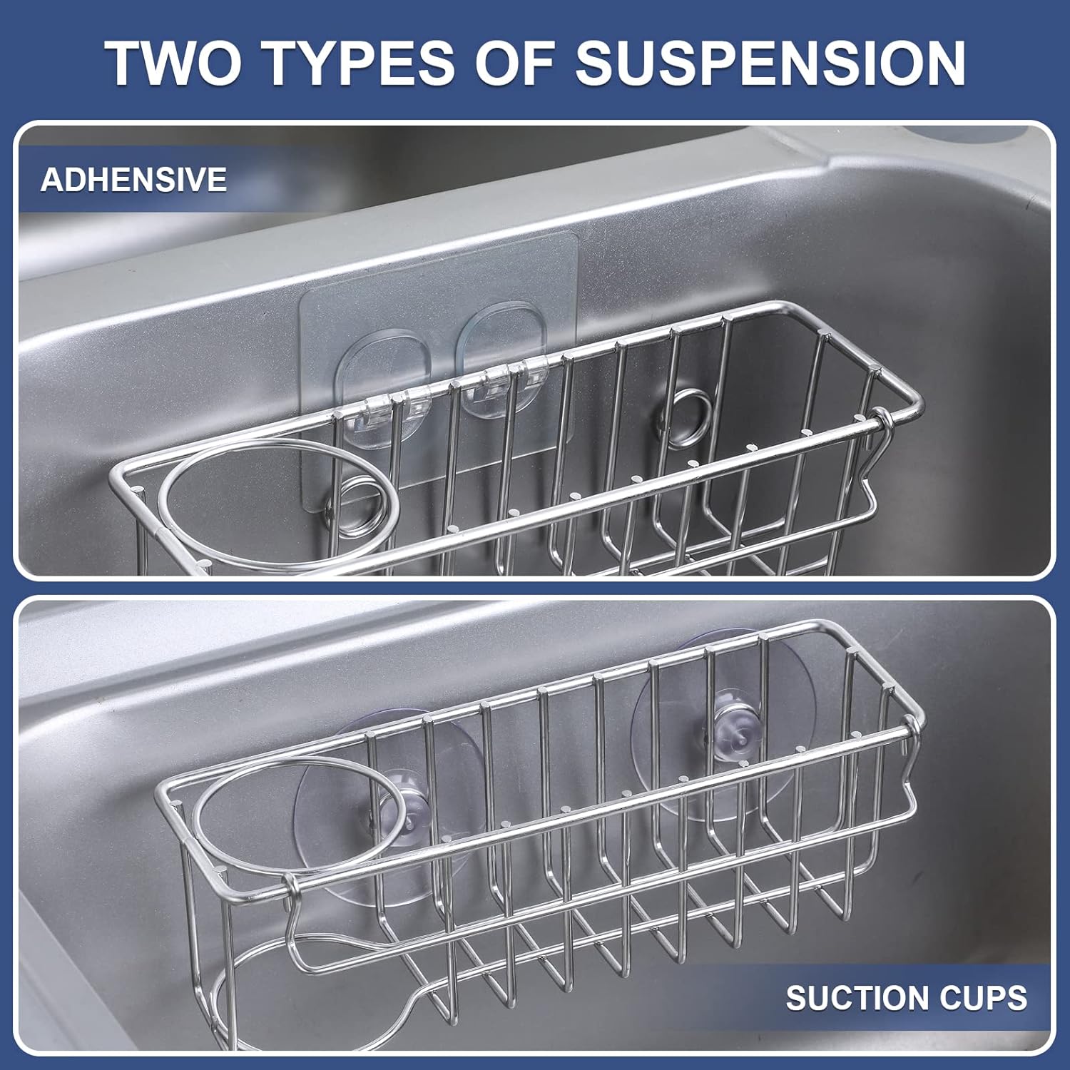 3-In-1 Sponge Holder for Kitchen Sink with Suction Cups & Adhesive Hoo