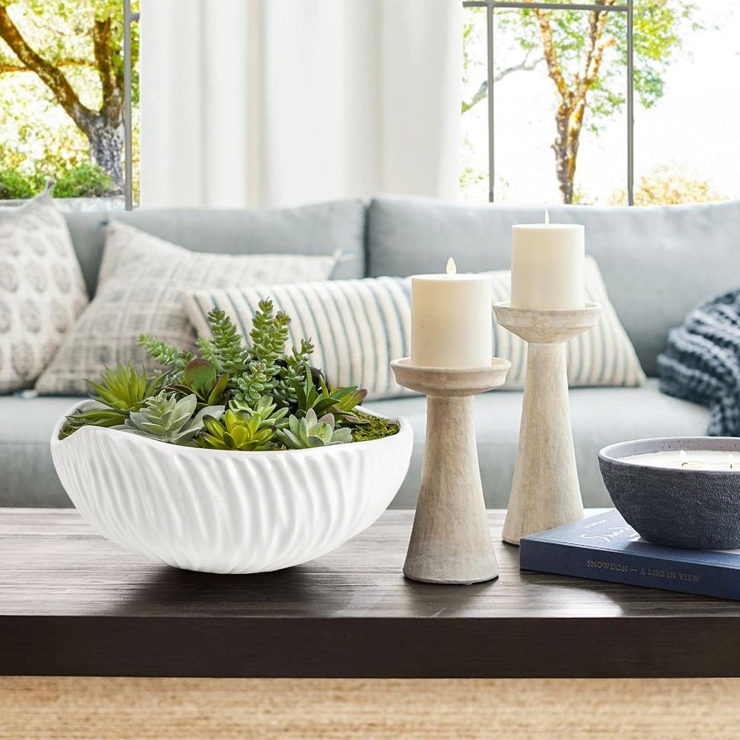 White Ceramic Flower Pot with Realistic Succulent Plants and Moss for Interior (Gary)