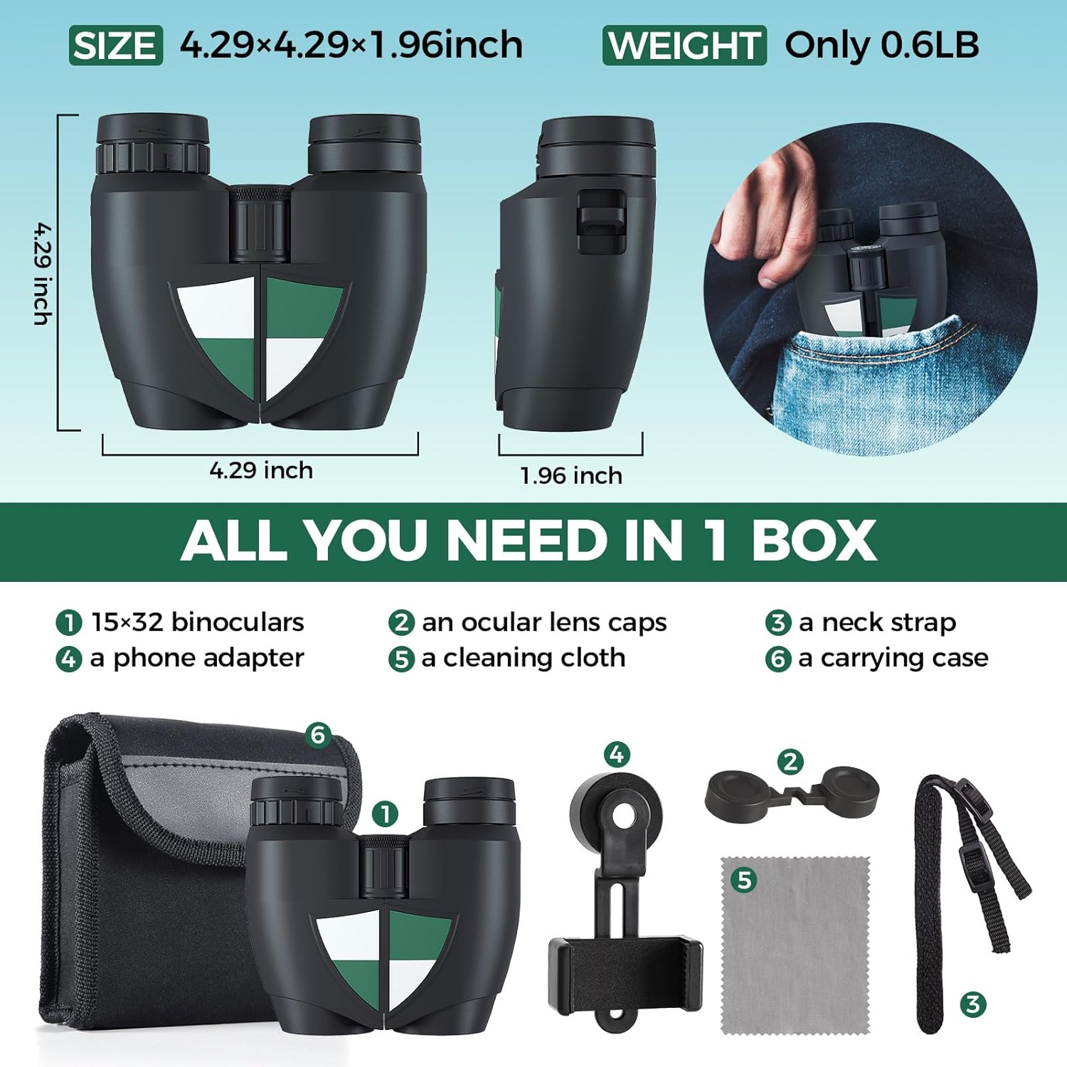 15x32 Compact Binoculars for Adults, High Power Lightweight Small Bino