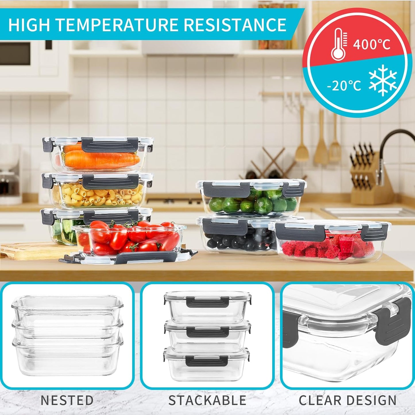 Skroam 10 Pack Glass Meal Prep Containers, 22 OZ Glass Airtight Food S