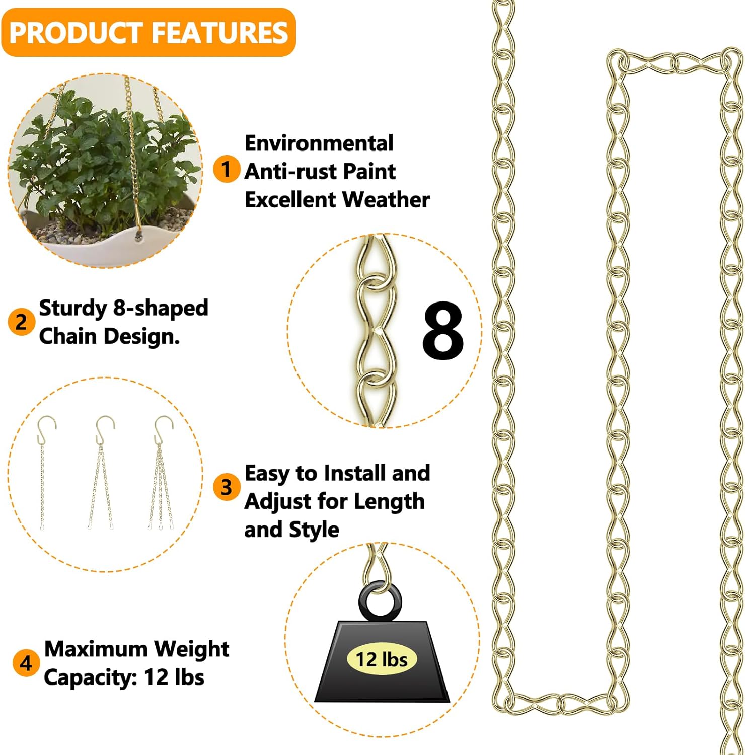 Metal Hanging Chain, 236 Inch Black Chains for Plants, 12×S Hooks, 12×
