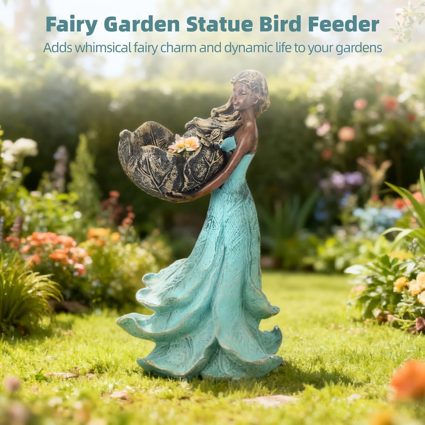 Fairy Garden Statue Bird Feeder, Resin Outdoor Bird Feeder Sculpture, Goddess Statue Decorative Birdbath, Weatherproof Yard Art, Fairy Figure for Patio, Porch, Lawn, Entryway