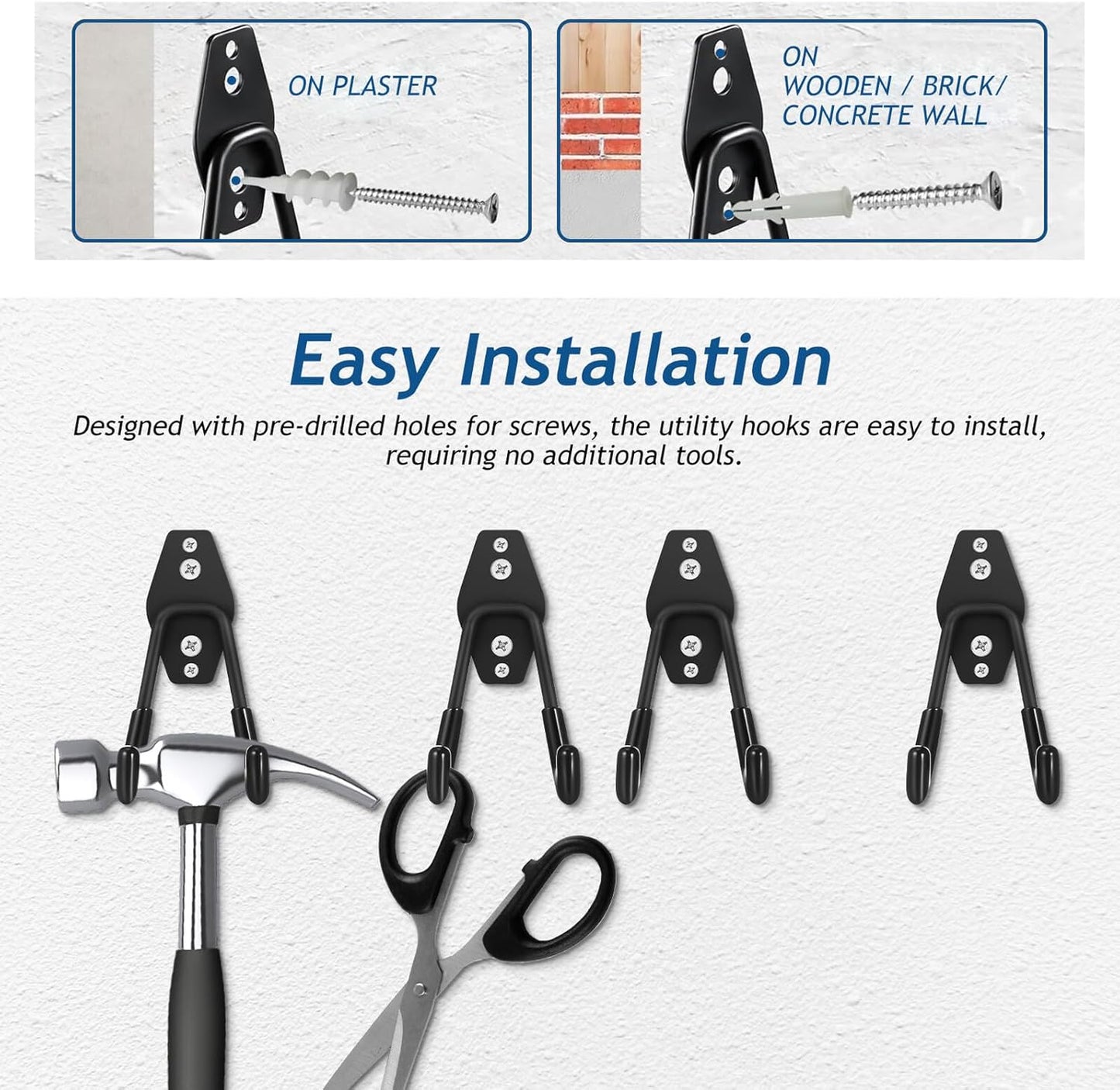 PRETYZOOM 4pcs Heavy Duty Metal Wall Hanging Hooks Small Square Black Utility Hooks for Garage Storage and Garden Tool Organizer