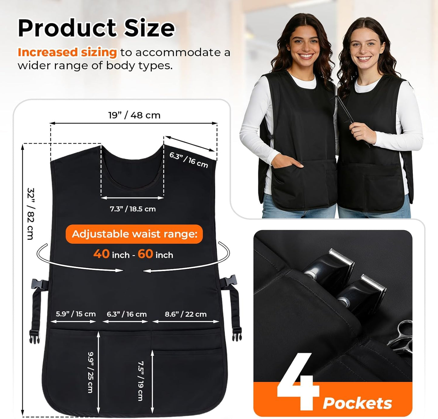 Cobbler Apron with Side Release Buckle for Women Men, Sleeveless Hairdresser Server Smock Jacket for Work Kitchen Garden Art, 4 Pockets Barber Aprons Vest Fast Drying Polyester for Cleaning Painting