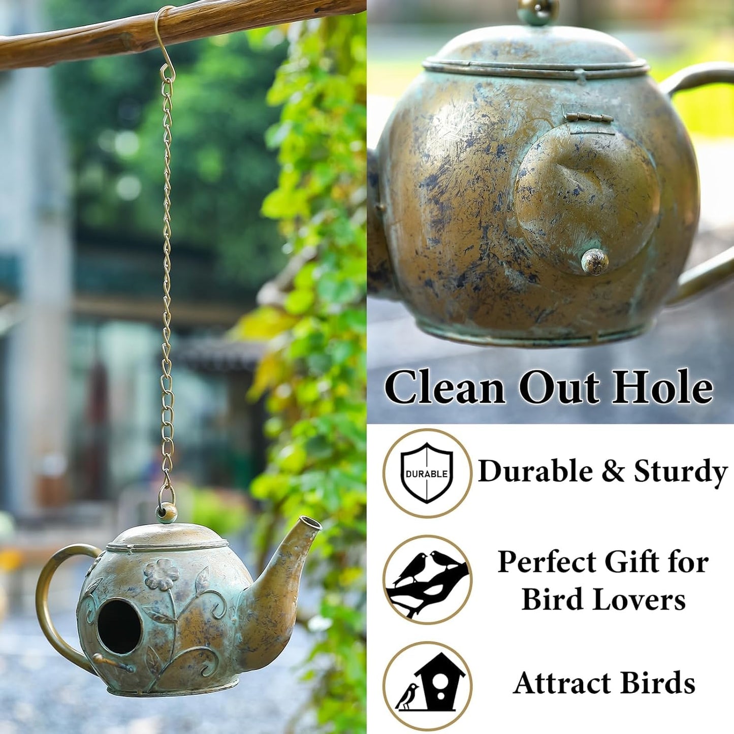 Bird House, Teapot Hanging Bird House, Metal Bird Houses for Outside, Antique Cute Birdhouse, Unique Decorative Birdhouses for Outdoors Garden Patio Yard Lawn Backyard Decor
