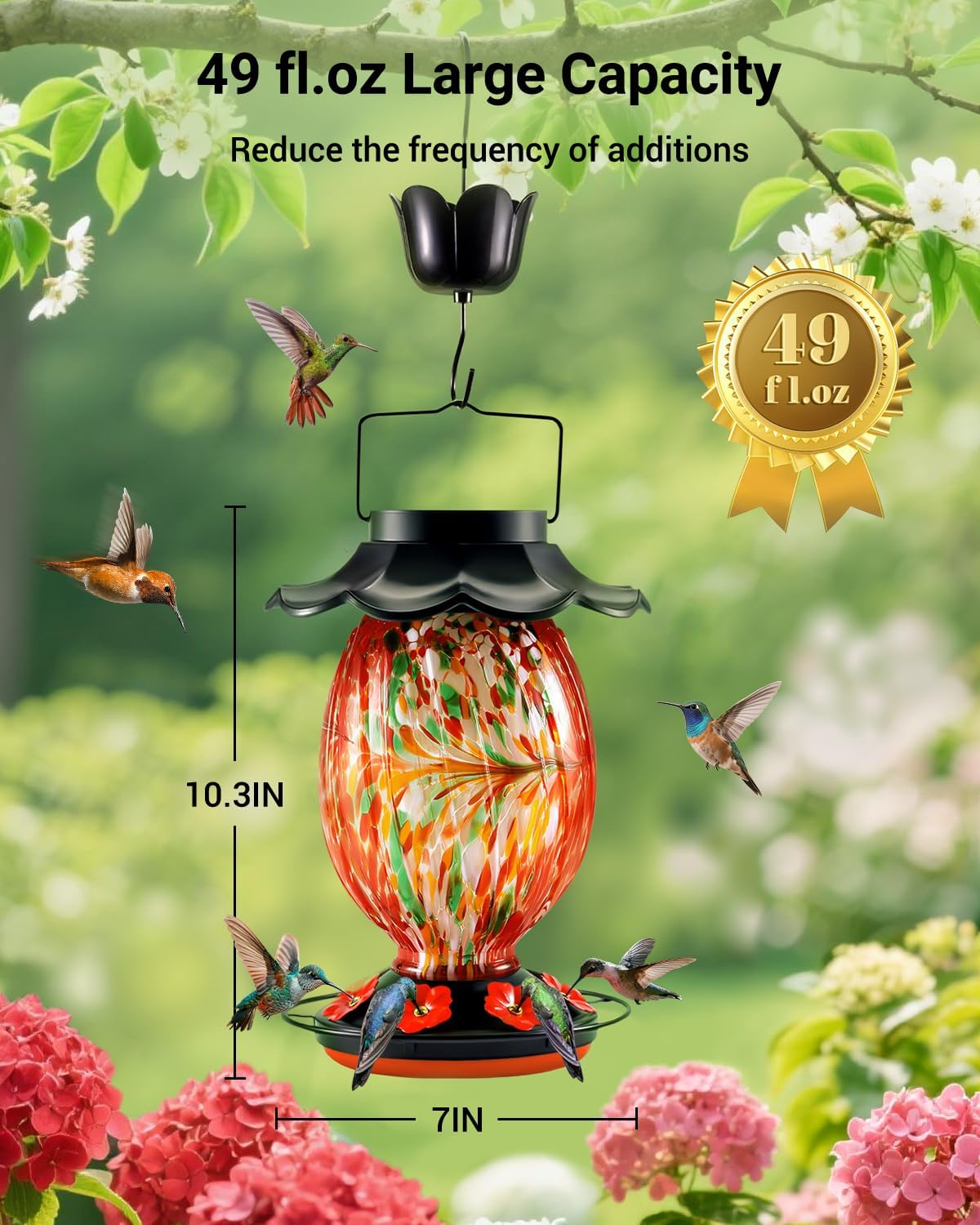Solar Hummingbird Feeder - 49 fl.oz Hand Blown Glass Color Changing - 