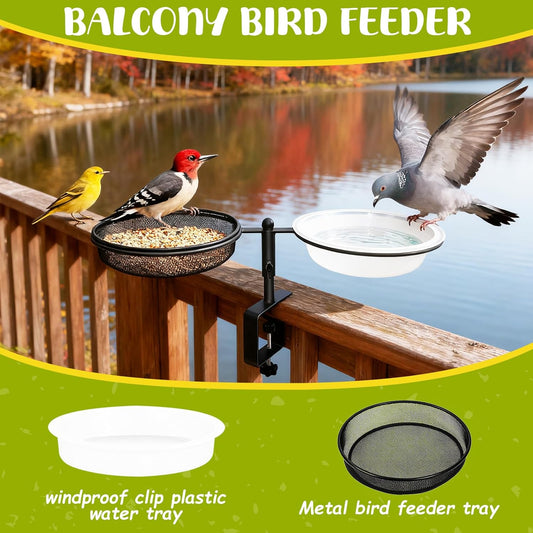 Bird Feeder for Apartment Balcony,Balcony Bird Feeder with Food Tray and Water Bowl,Detachable and Adjustable Heavy Duty Sturdy Steel,Rounded