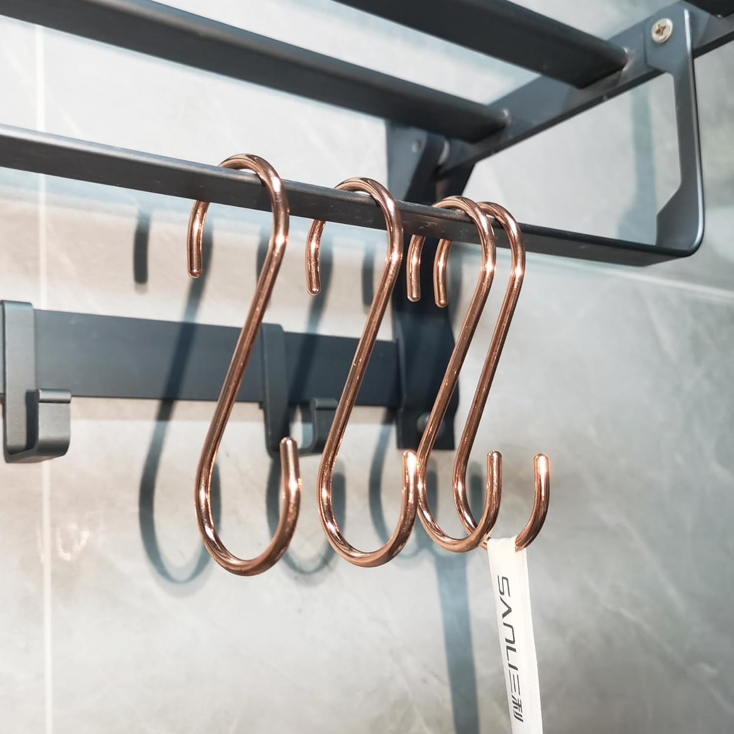 8 Pieces Copper S Hook Rose Gold Brass S Hooks for Hanging Pot Rack Pan 3.7In Heavy Duty Kitchen Garden Shower Purpose Storage Hooks Hangers(for 0.94" Rod)