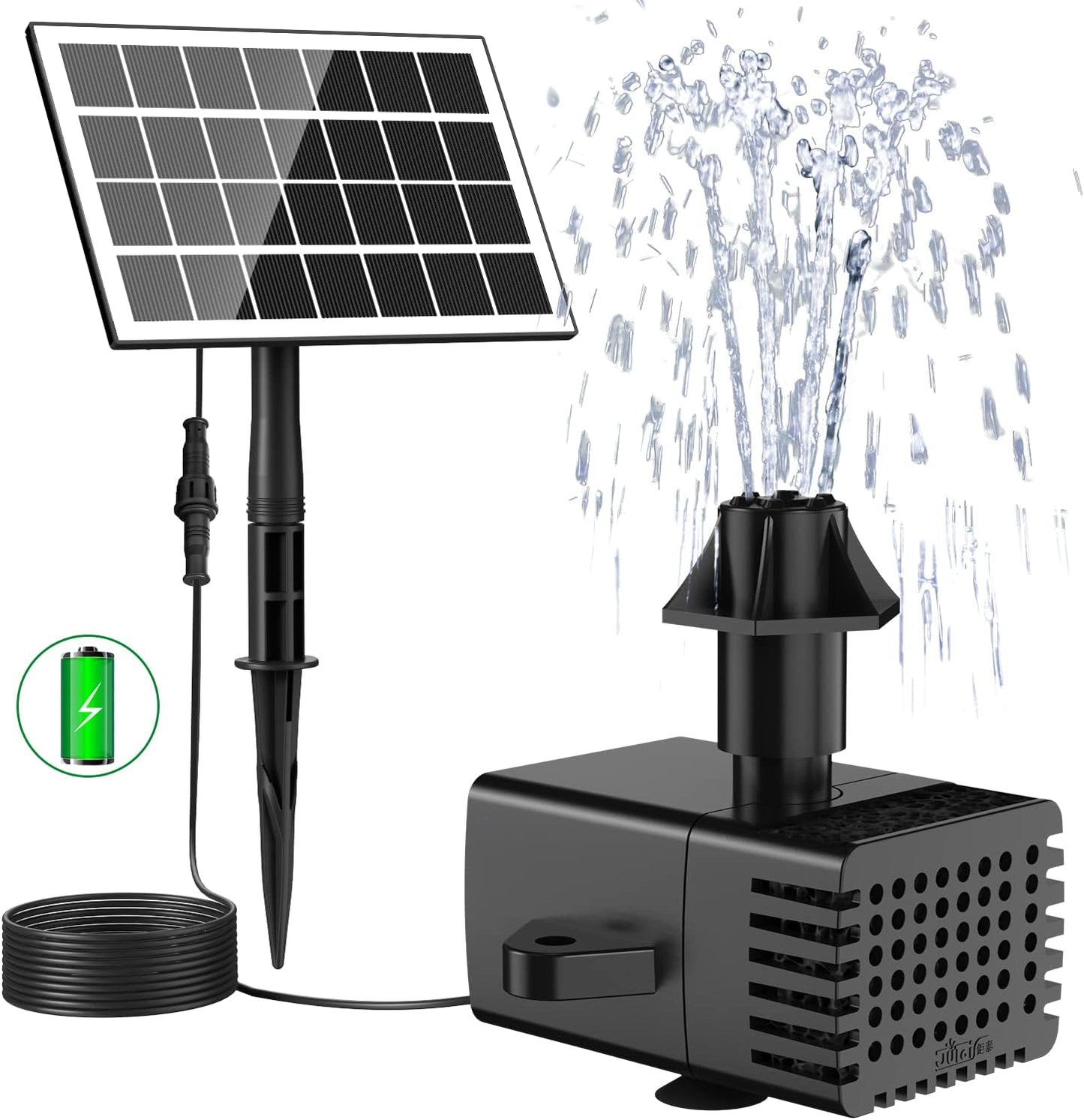 Jutai Solar Fountain Work in Cloudy Day with 2000mAH Battery Backup, 3.5W Glass Panel DIY Water Pump Kit with Sucker and Stake for Bird Bath, Water Feature,Garden, Outdoor-7 Nozzles,16.4ft Power Cord