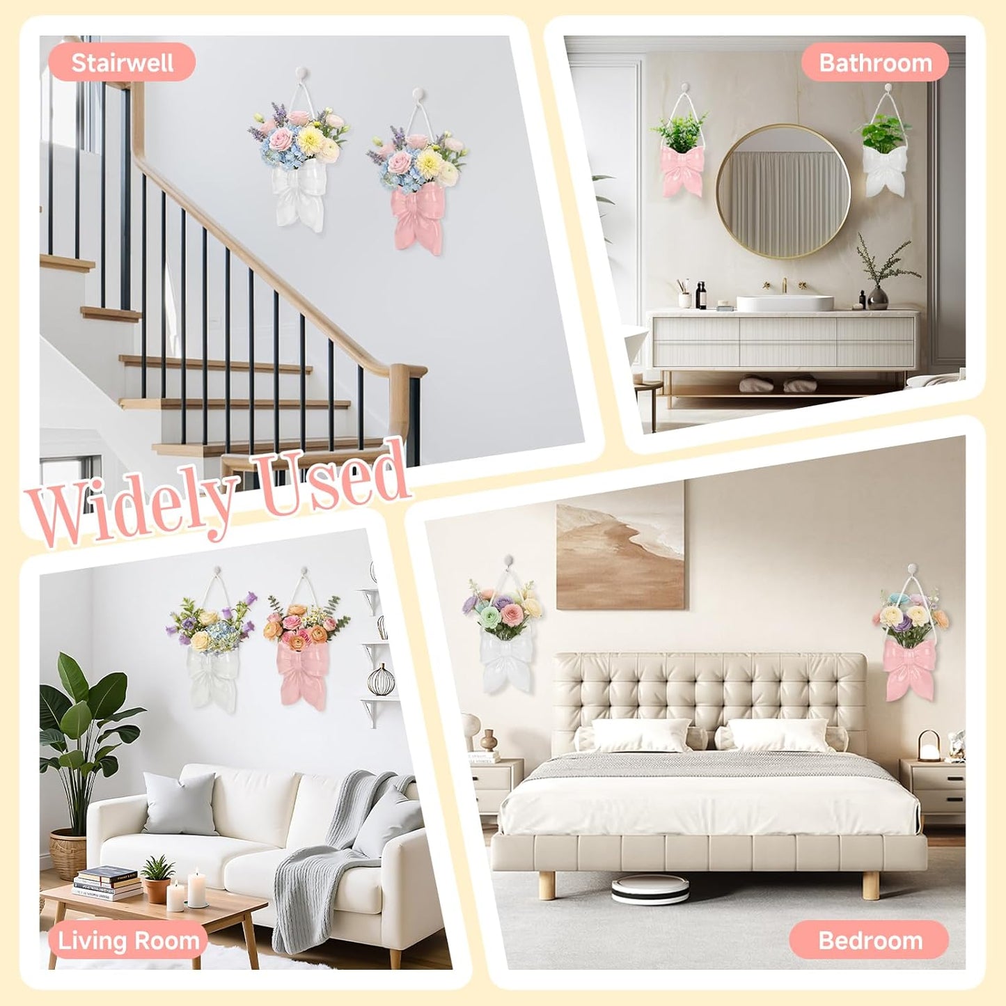 Butterfly Wall Decor Ceramic Hanging Vase, 2 Pack Boho Coquette Planter for Air Plants, Faux Greenery, Home Office Bedroom Indoor Decor, White and Pink