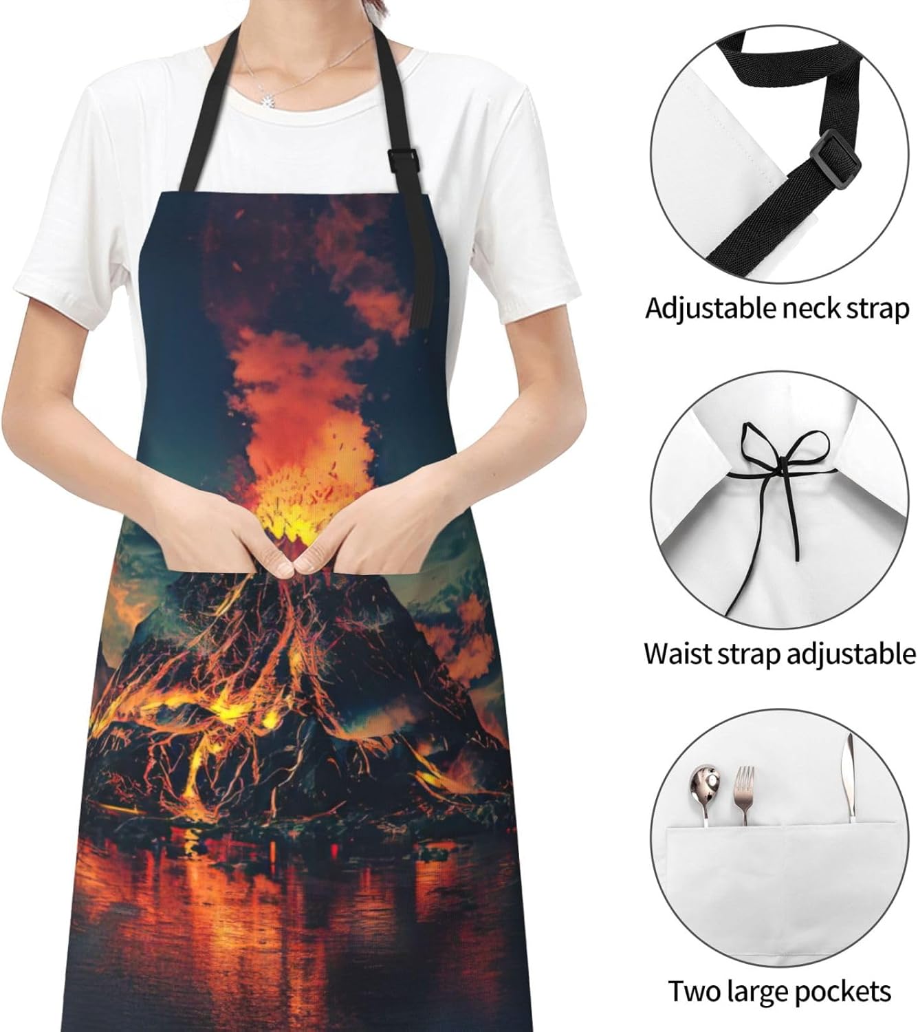 volcano print Waterproof chef's apron with pocket apron for kitchen cooking baking barbecue and gardening