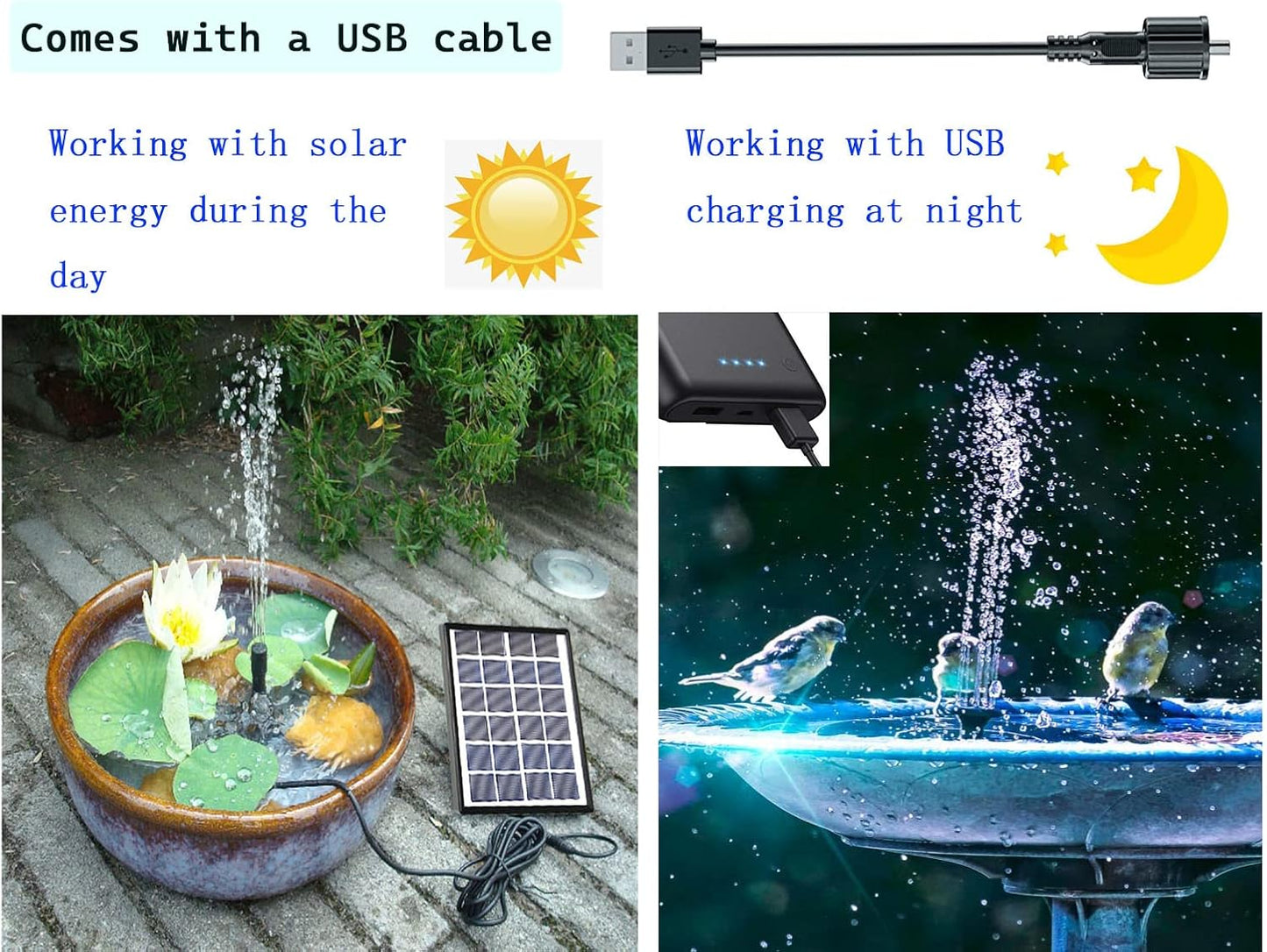 Lewisia Solar Bird Bath Fountain Pump USB Charging + Solar Powered Water Pump for Birdbath Small Pond Garden Decoration