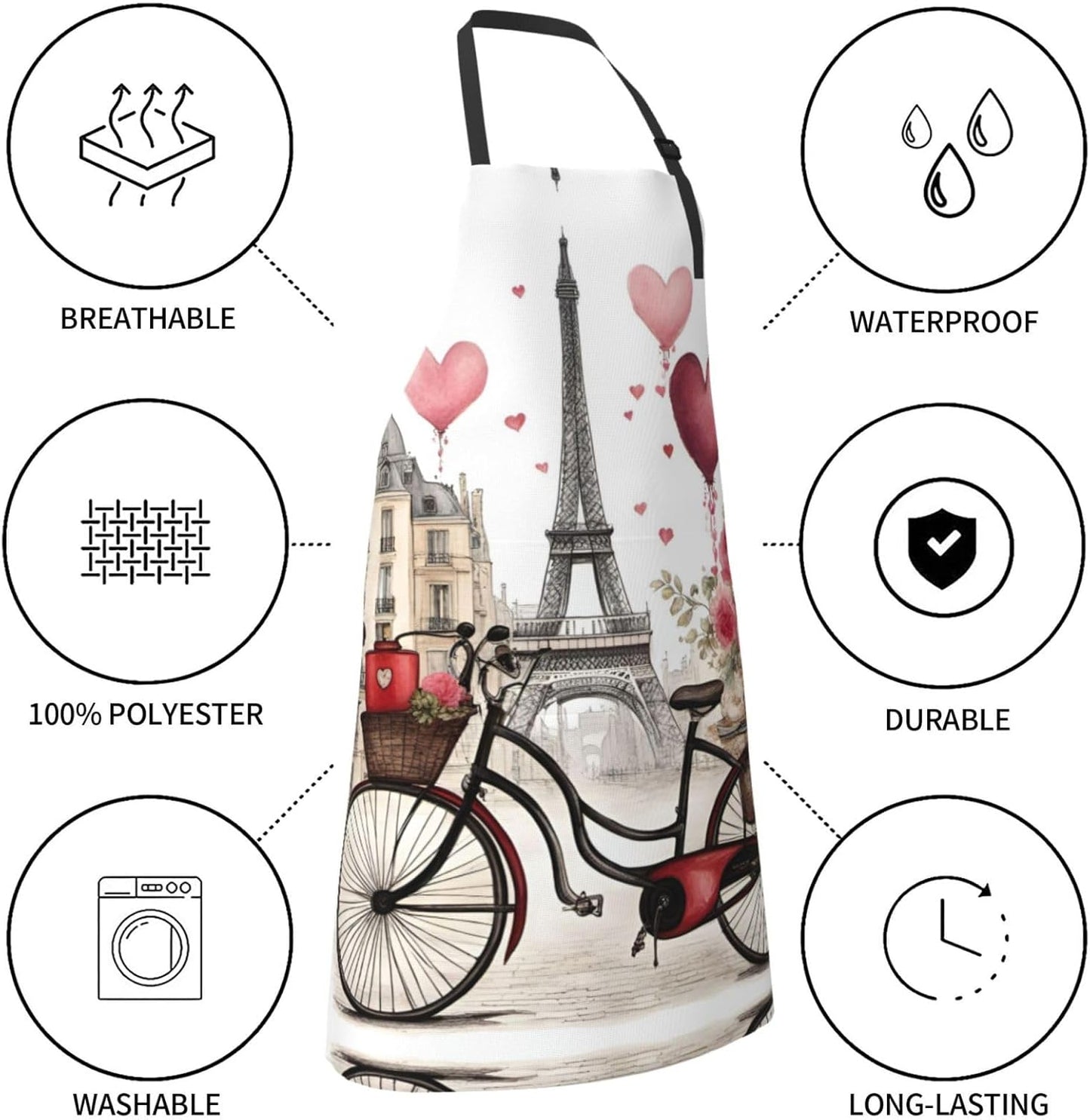 Love Paris Tower Coffee Wine Perfume Bicycle Heart print Waterproof chef's apron with pocket apron for kitchen cooking baking barbecue and gardening