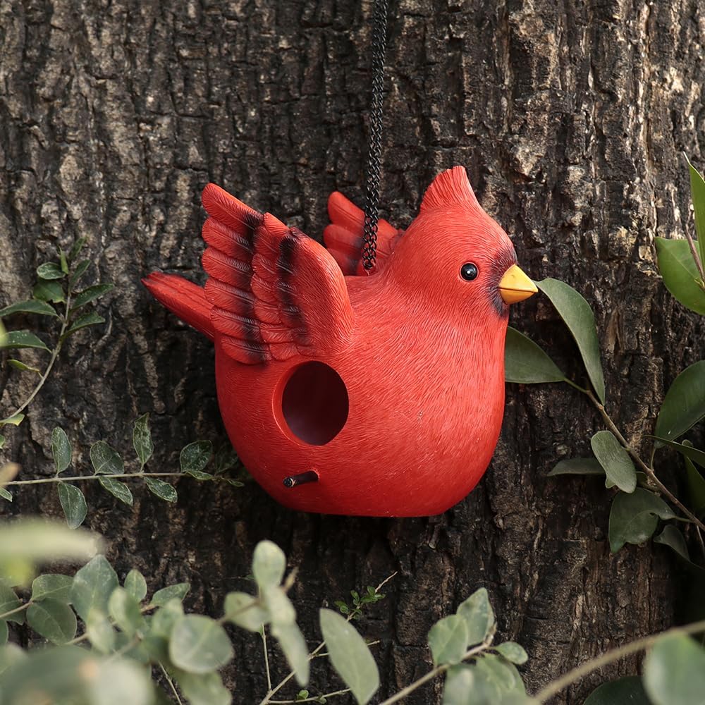 Bird House for Outside, Hanging Handcrafted Cardinal Resin Outdoor birdhouses Humming Bird, Bluebird, Wren, Camper Hanging Houses nest cage (Red, Large)