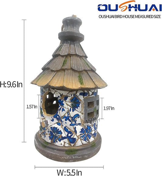 Bird House for Outdoor with Pole Garden Decor Hanging Birdhouses Weatherproof BirdNest for Outside Bluebird, Finch, Wren, Chickadee, Wild Birds Big Size Resin White Bule