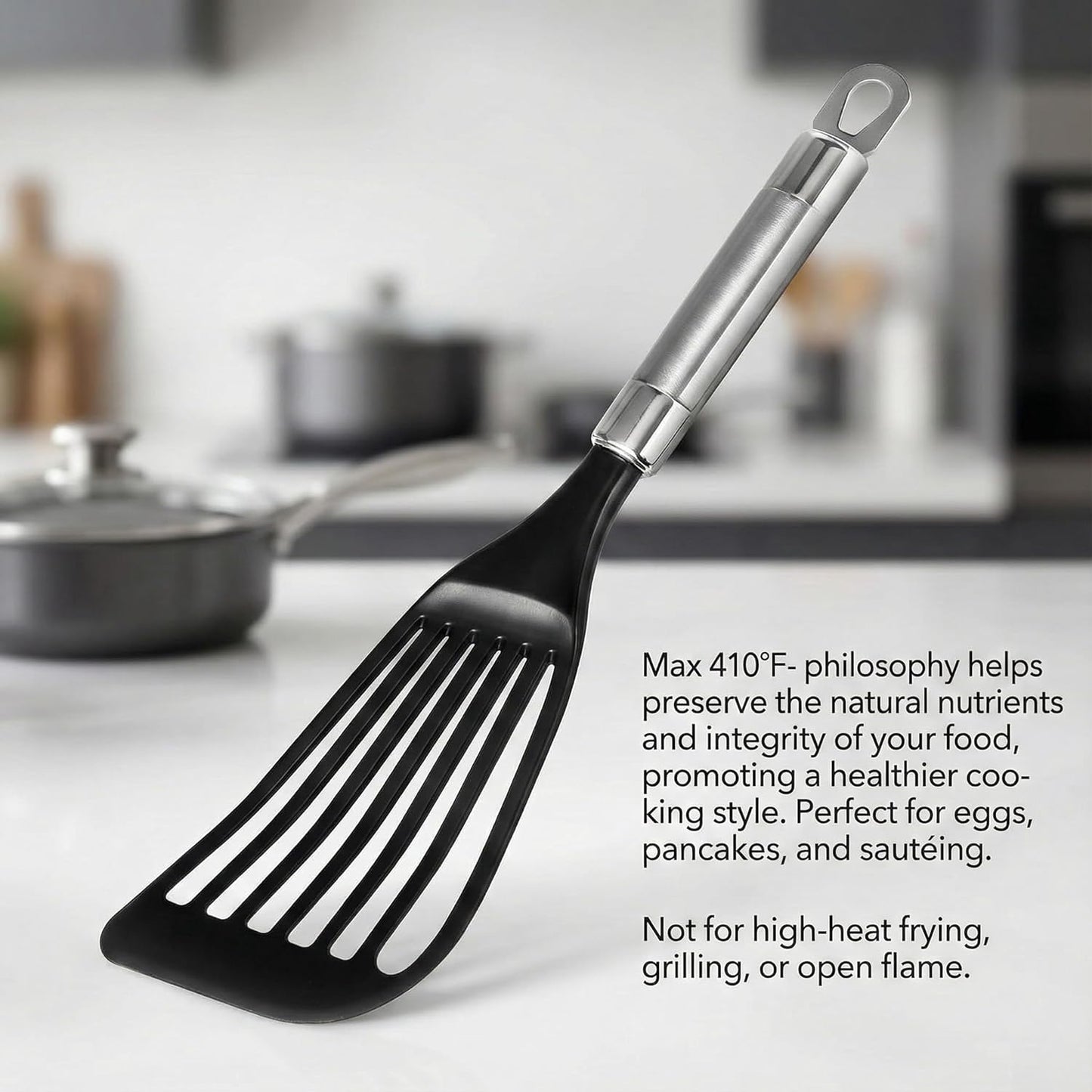 KSENDALO LFGB Certified Nylon Fish Spatula, Slotted Egg Turner for Nonstick Cookware – Flexible Wide Blade Kitchen Flipper for Eggs, Omelets, Pancakes, Dishwasher Safe (Max. 410°F）