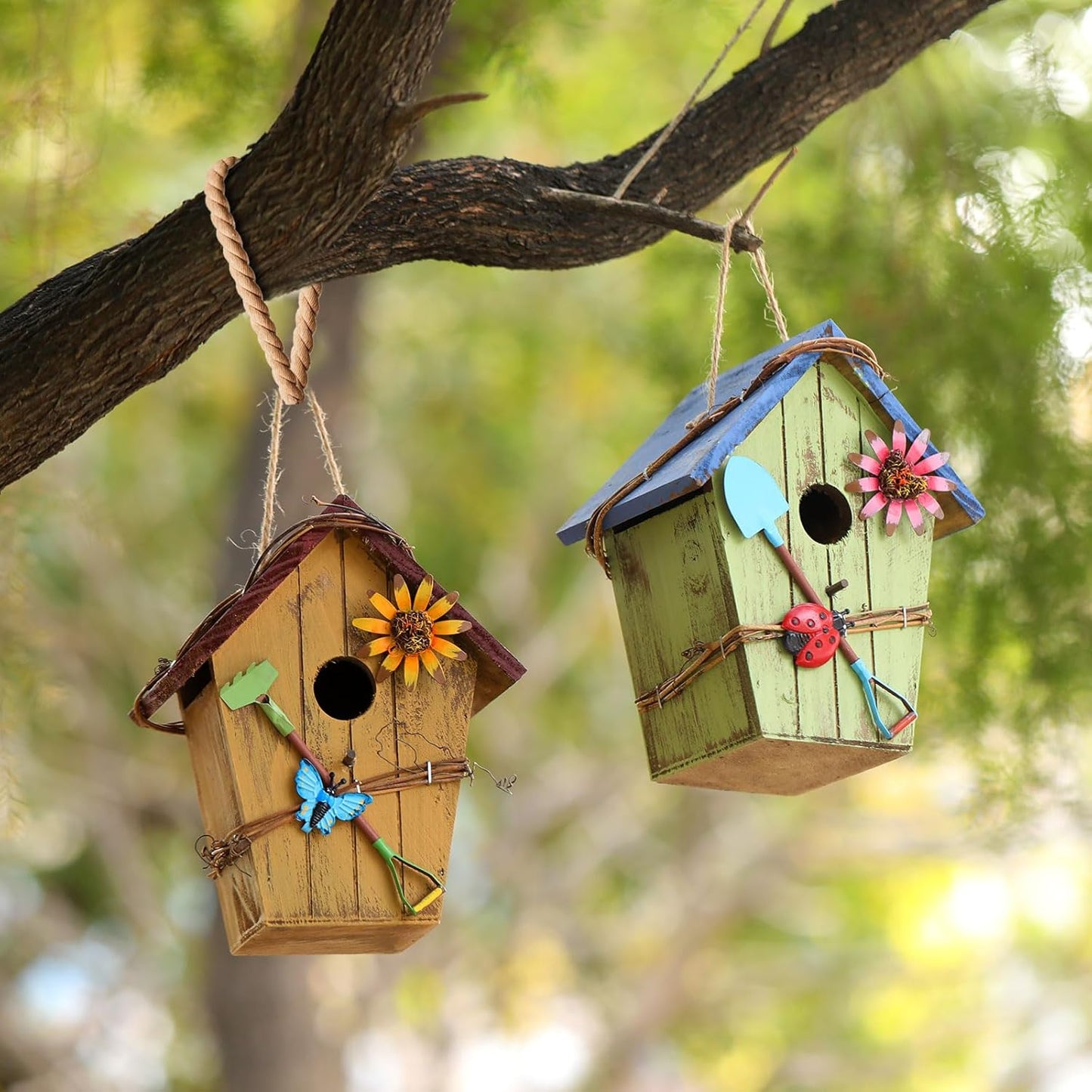 2 Pcs Birdhouses for Outdoor Hanging Yard Outside Wooden Birdhouse Hand Painted Bird Box for Bird Lovers Bluebird Tree Garden Decor Decorative Birdhouse(Bright Color,Wooden Roof)