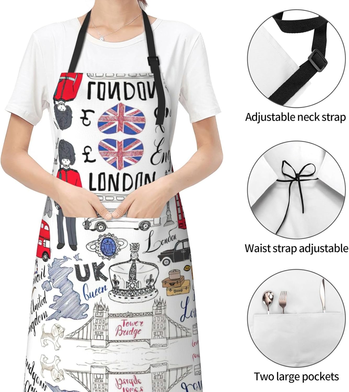 I Love London Print Laundry apron 28x33 In Waterproof Kitchen Apron with Pockets for Cooking Baking