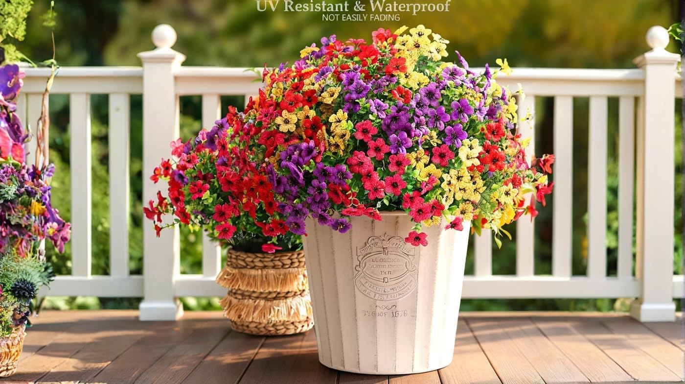 Artificial Flowers Faux Plants Outdoor Fake Flowers Summer Decor,16 Bundles Realistic Plastic Plant Colorful Daisy UV Resistant for Porch Patio Home Yard Garden Window Box Pot Planters (Colorful)