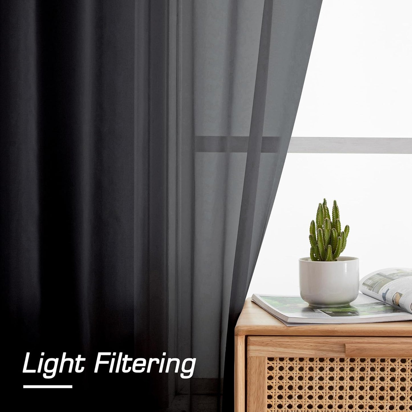 Simplebrand Black Sheer Curtains 84 Inches Long, Light Filtering Rod Pocket Solid Color Window Sheer Curtain Panels, Elegant Curtains & Drapes for Living Room, Bedroom 2 Panels (Black, 42" W x 84" L)