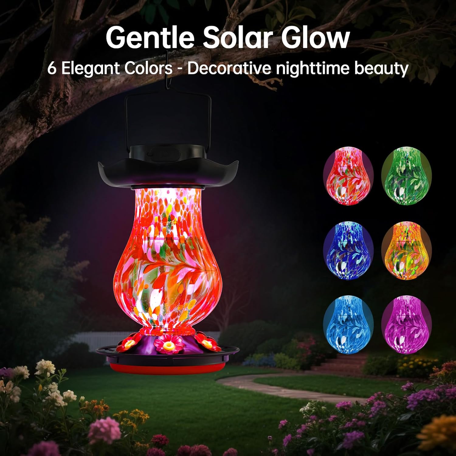 Solar Hummingbird Feeder for Outdoor - 25 fl.oz Hand Blown Glass Hummi