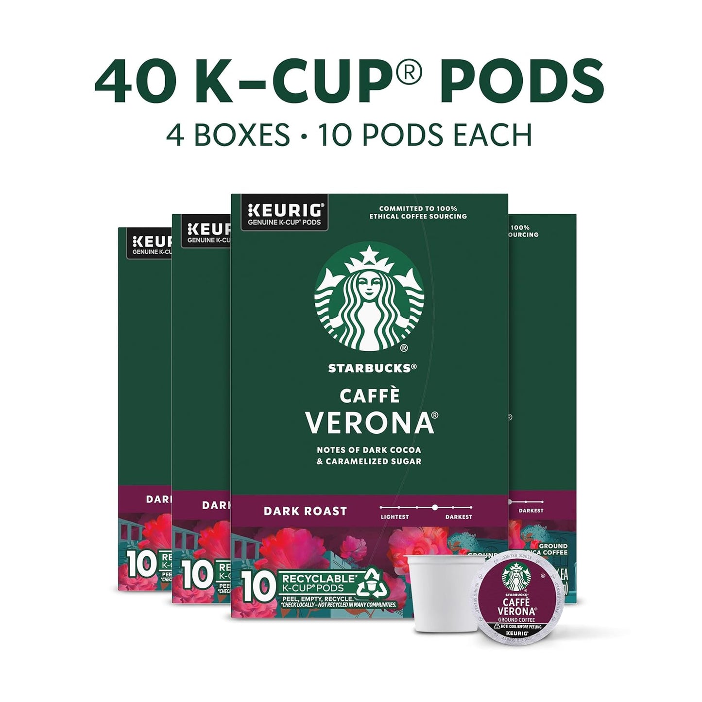 Starbucks K-Cup Coffee Pods, Dark Roast, Caffè Verona for Keurig Brewers, 100% Arabica, 1 Box (40 Pods)