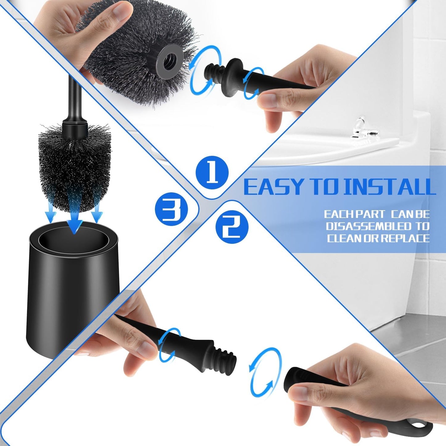 2 Pack Toilet Brush and Holder Set, Long Handle, Non-Slip Grip, Nylon Bristles, Deep Cleaning for Bathroom, Toilet Scrubber- Black