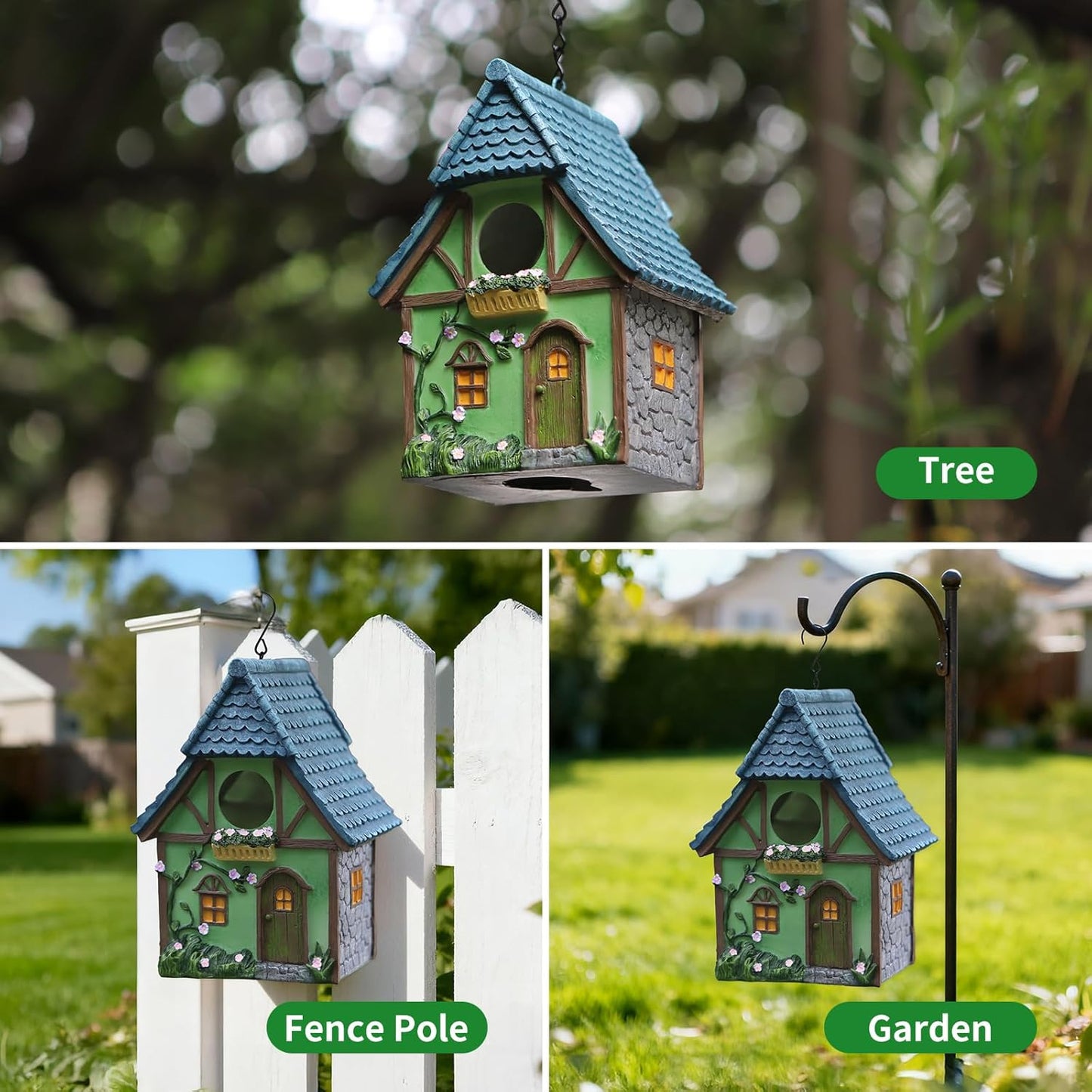 Bird Houses for Outside Cottage Garden Birdhouse –Green Resin Birdhouses for Outdoors with Flower and Stone Details for Bluebird Finches Cardinals Bird Nesting Garden, Patio, Yard
